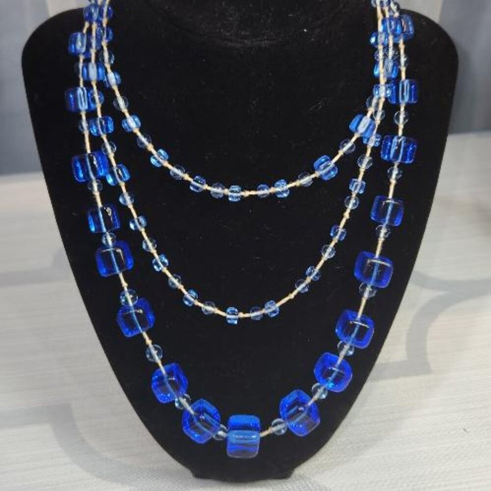 Vintage Czech Blue glass cube beads long flapper necklace from the 1920's